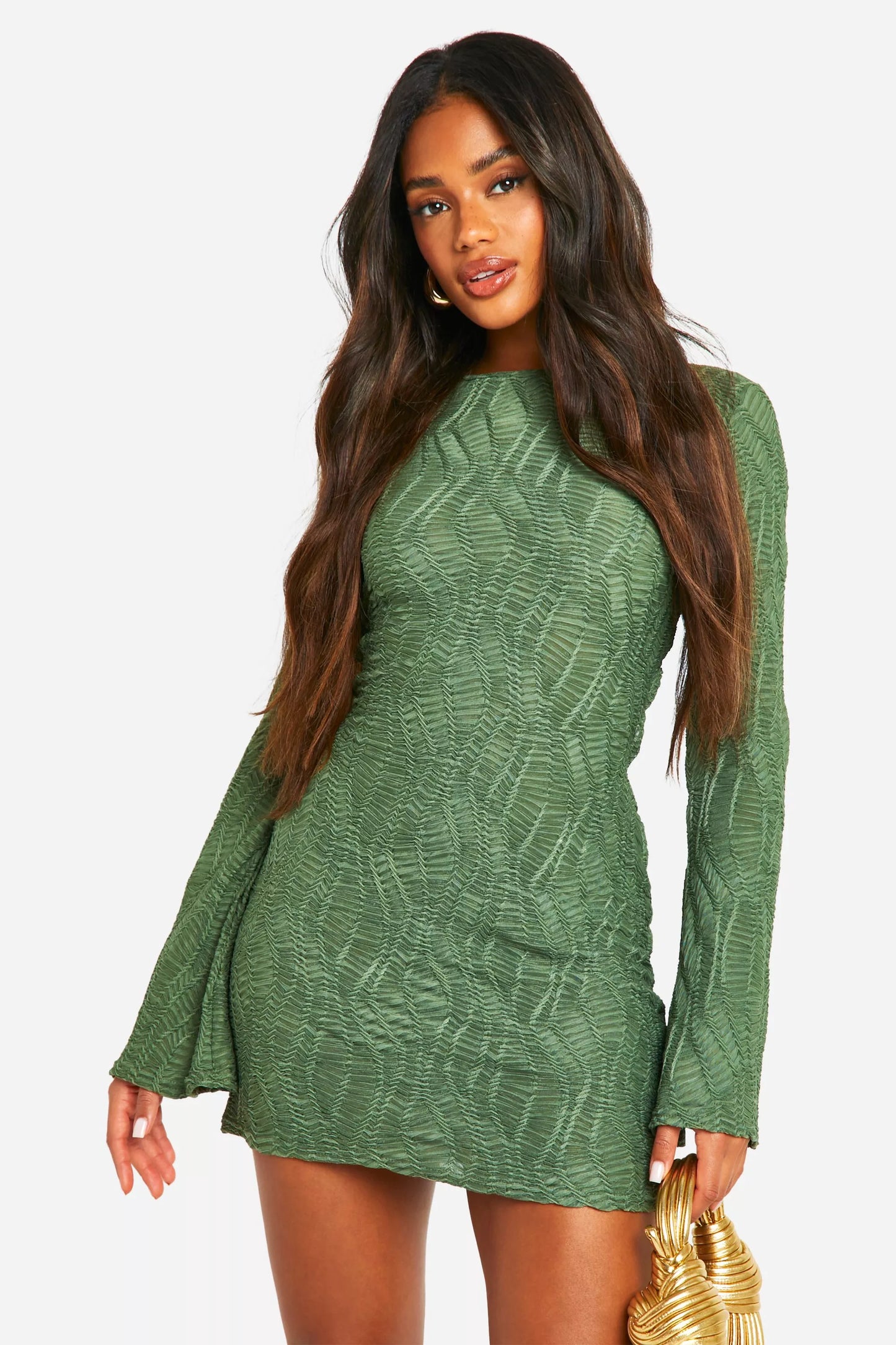 Textured Flare Sleeve Mini Dress