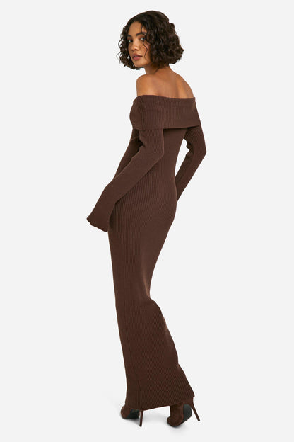 Tall Bardot Ribbed Knit Maxi Dress