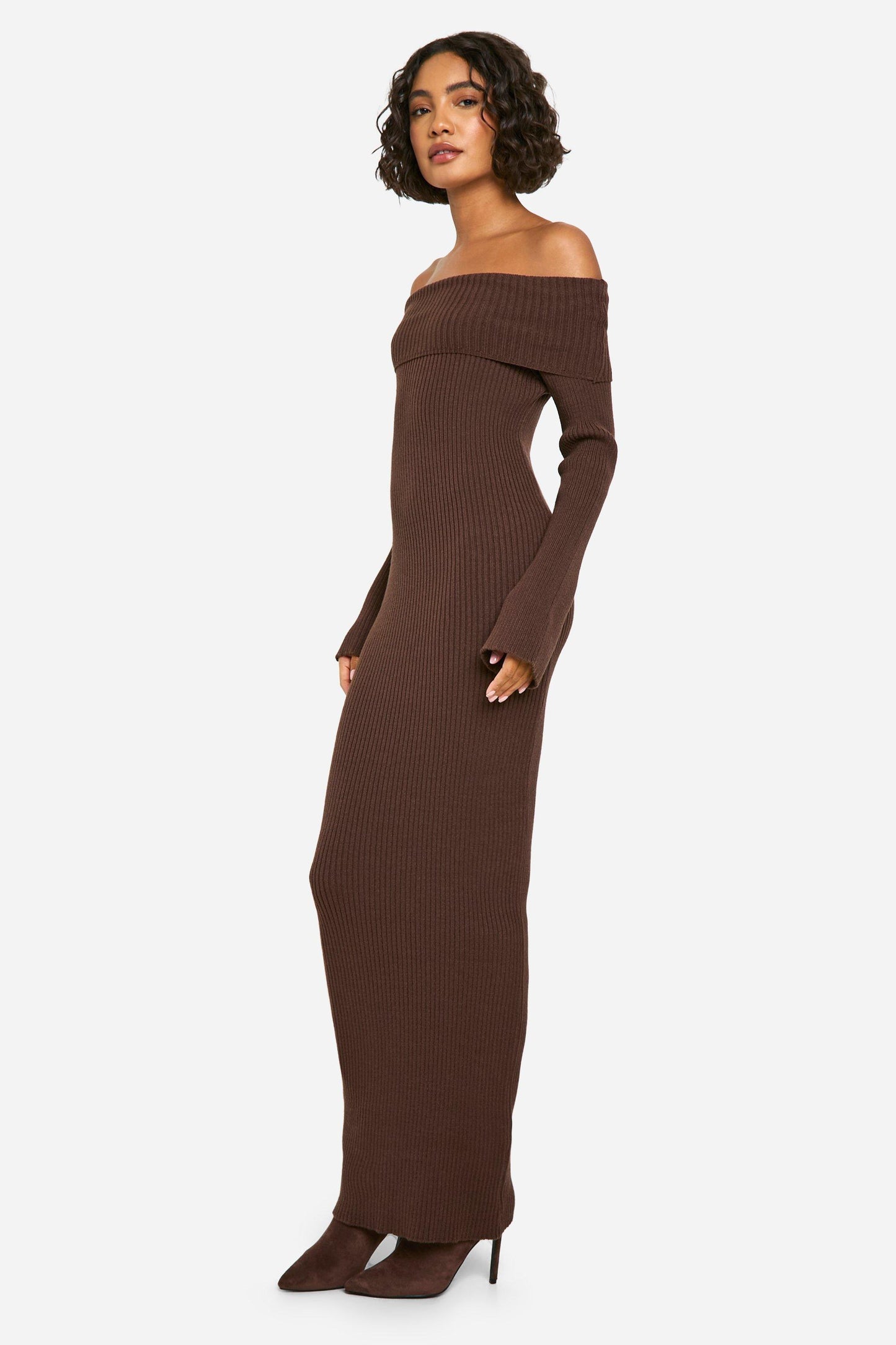 Tall Bardot Ribbed Knit Maxi Dress