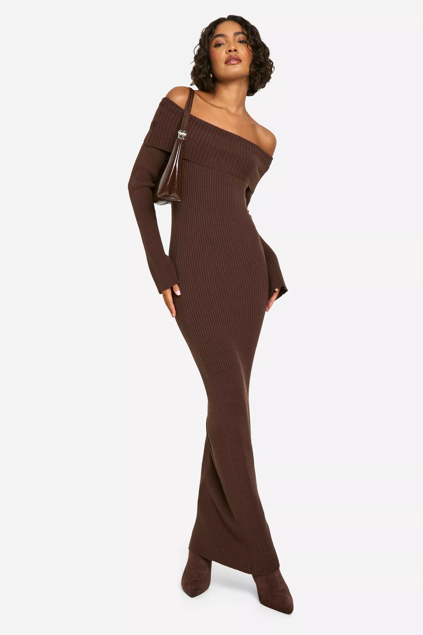 Tall Bardot Ribbed Knit Maxi Dress