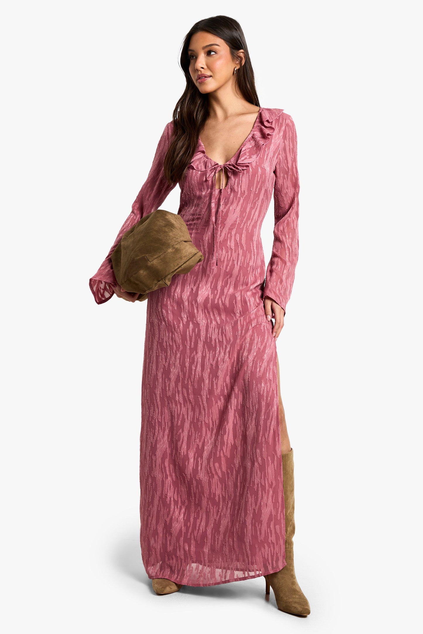 Jacquard Frill Side Split Maxi Dress