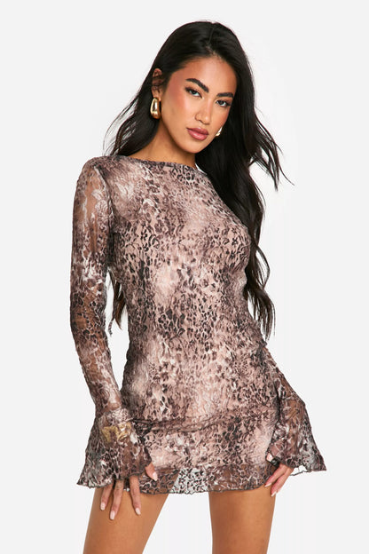 Lace Leopard Flare Sleeve Mini Dress