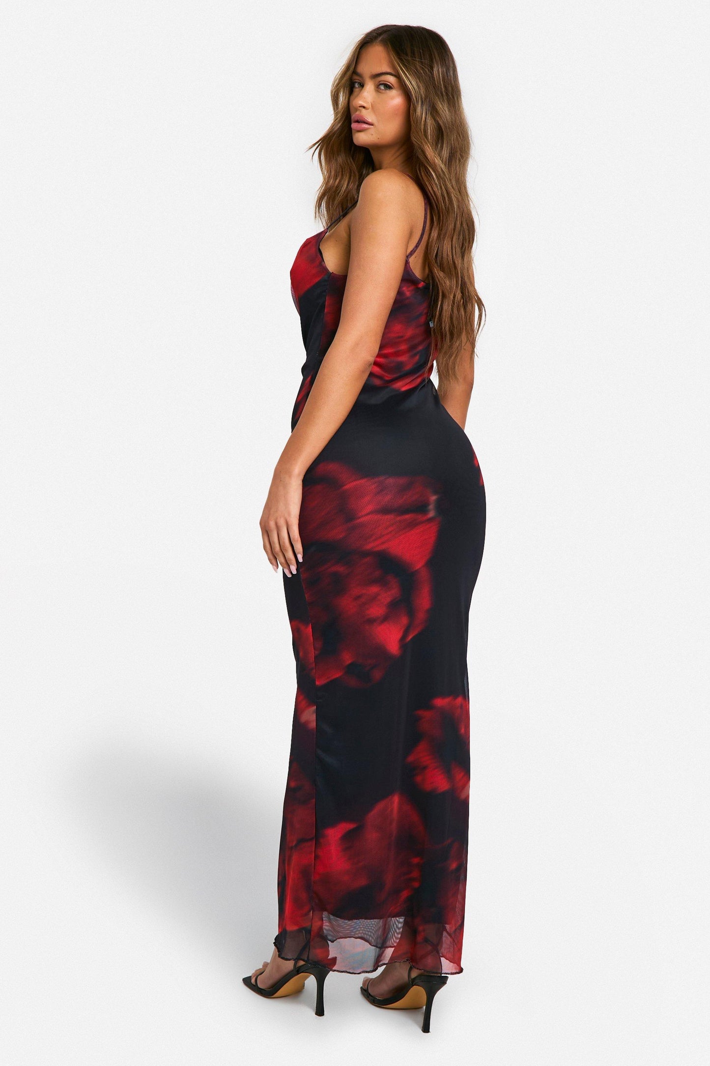 Cowl Neck Floral Mesh Maxi Dress