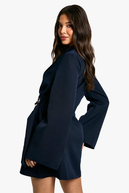 Buckle Detail Tie Waist Tailored Blazer Dress