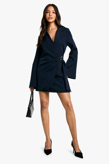 Buckle Detail Tie Waist Tailored Blazer Dress