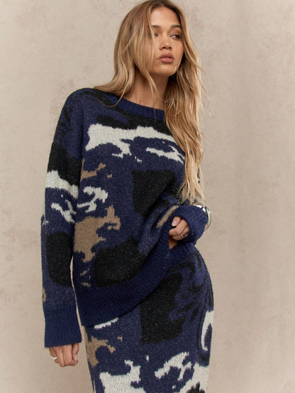 Camouflage Round Neck Full Sleeve Jumper With Maxi Skirt 2 Piece Knitwear Sweater Set Winter Wear