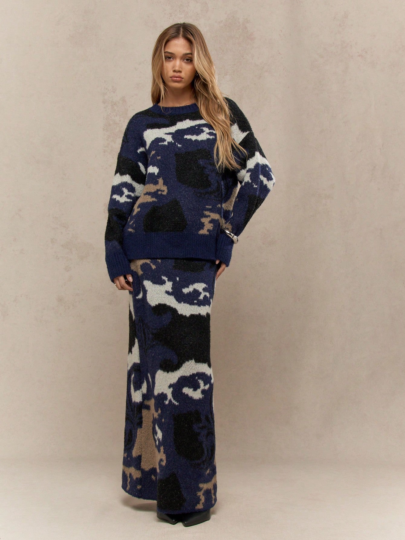 Camouflage Round Neck Full Sleeve Jumper With Maxi Skirt 2 Piece Knitwear Sweater Set Winter Wear