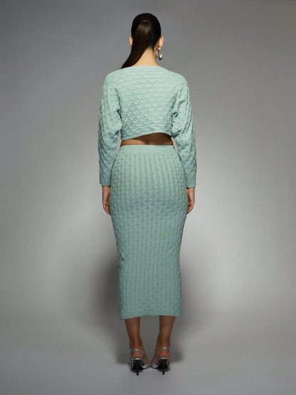 Elegant Irish-Themed Cable Knit Cropped Sweater And Midi Skirt Co-Ord Set Perfect For St. Patrick'S Day Celebrations Holiday Party Festive Two-Piece Outfit