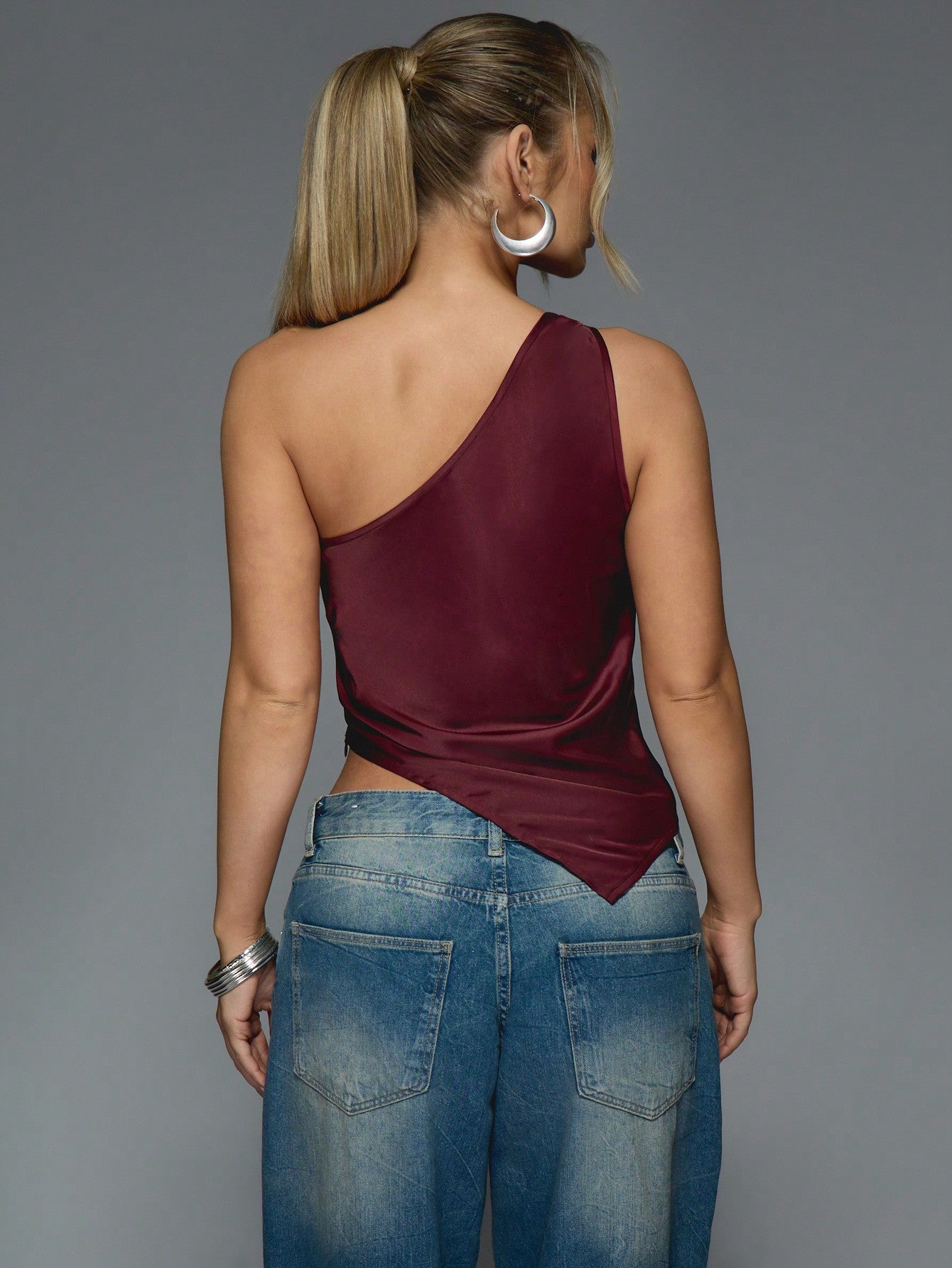 Satin Asymmetric One Shoulder Twist Top