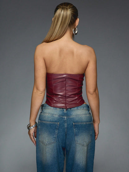 Faux Leather Zip Back Closure Corset Top